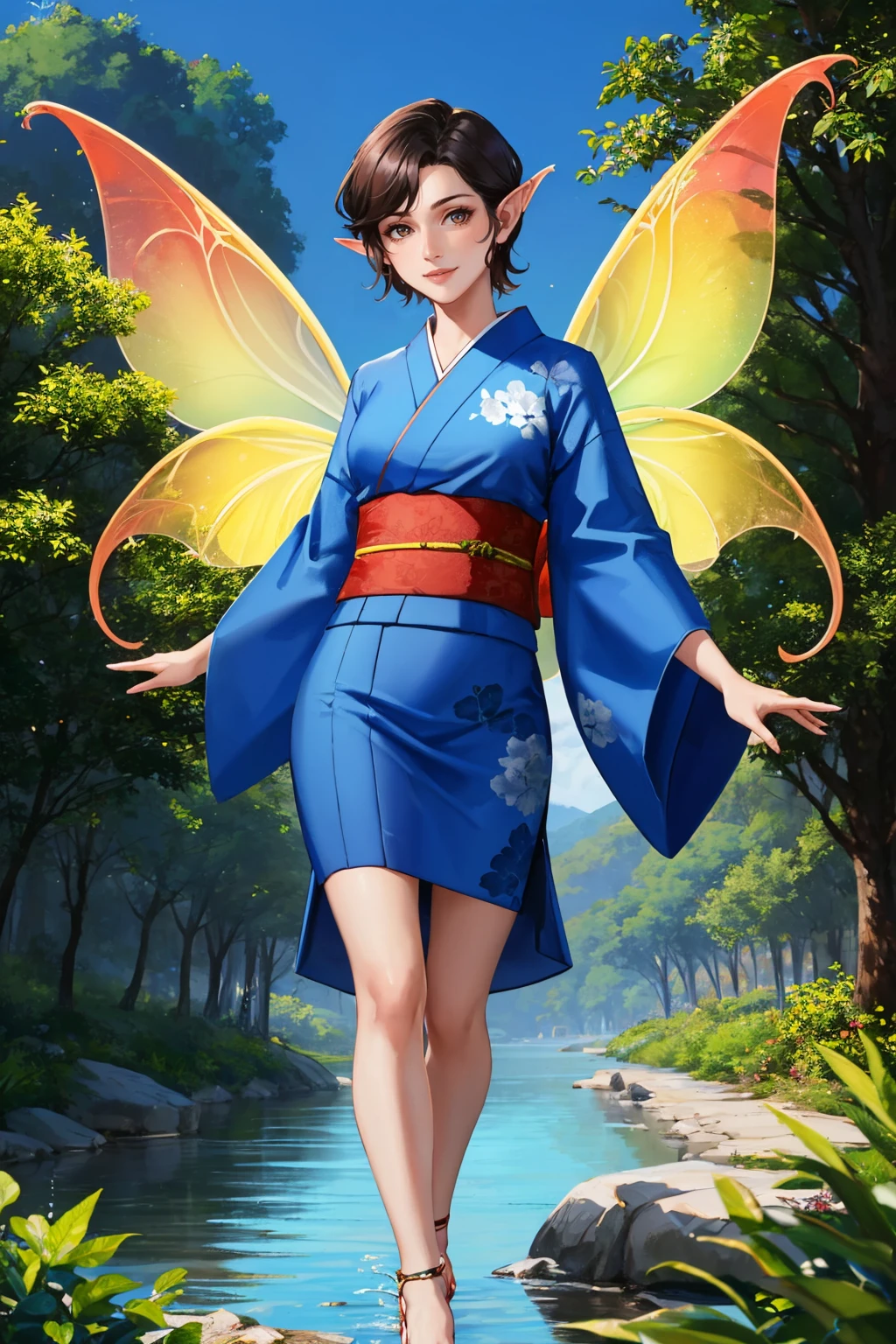 masterpiece, best quality, forest, river, looking at viewer, smile
<lora:zs_HighPixie:1> highpixiedsrk, blue kimono, wings, short hair, fairy, pointy ears, sandals