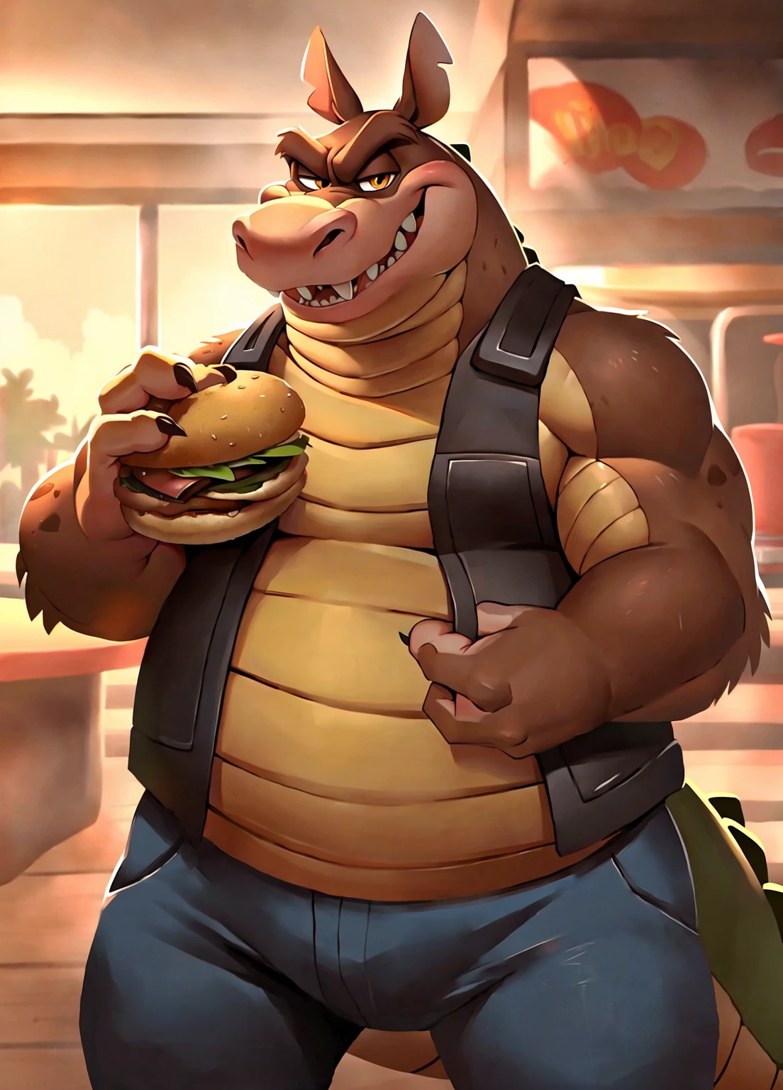 <lora:Dingodile_1.0:0.8>, dingodile, vest, pants, orange eyes, smile, holding food, burger, looking at viewer, diner, hi res, best quality, detailed, <lora:fluffyrock-quality-tags-v4:1>