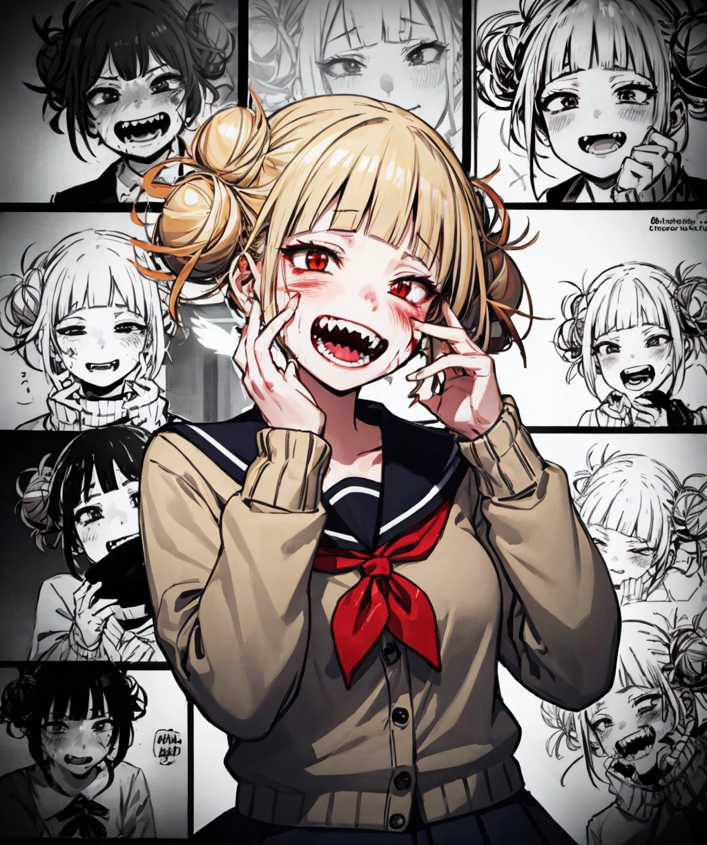 multiple views, monochrome, comic, 1girl, looking at viewer, blush, smile, open mouth, skirt, blonde hair, red eyes, holding, school uniform, weapon, pleated skirt, teeth, serafuku, tongue, blunt bangs, hair bun, double bun, blood, mask, fangs, cardigan, knife, sharp teeth, messy hair, blood on face, hands on own face, hands on own cheeks, crazy smile, <lora:cover_me_with_my_waifu-10:1>