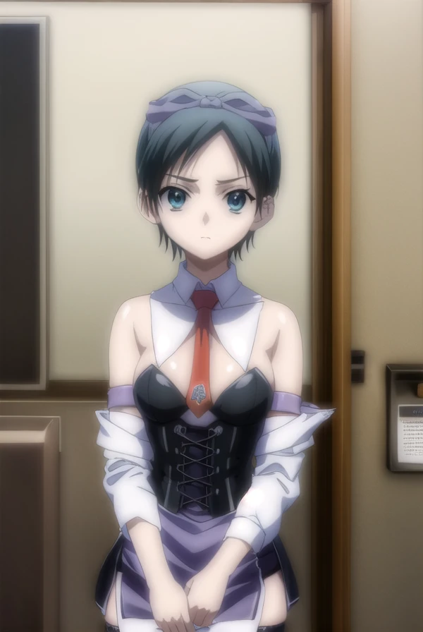 oruhahashimoto, <lora:oruha hashimoto-lora-nochekaiser:1>,
oruha hashimoto, short hair, black hair, (black eyes:1.3),
BREAK bare shoulders, necktie, detached collar, red necktie, corset, detached sleeve, thighhighs, ribbon, hair ribbon,
BREAK indoors,
BREAK looking at viewer, (cowboy shot:1.5),
BREAK <lyco:GoodHands-beta2:1>, (masterpiece:1.2), best quality, high resolution, unity 8k wallpaper, (illustration:0.8), (beautiful detailed eyes:1.6), extremely detailed face, perfect lighting, extremely detailed CG, (perfect hands, perfect anatomy),