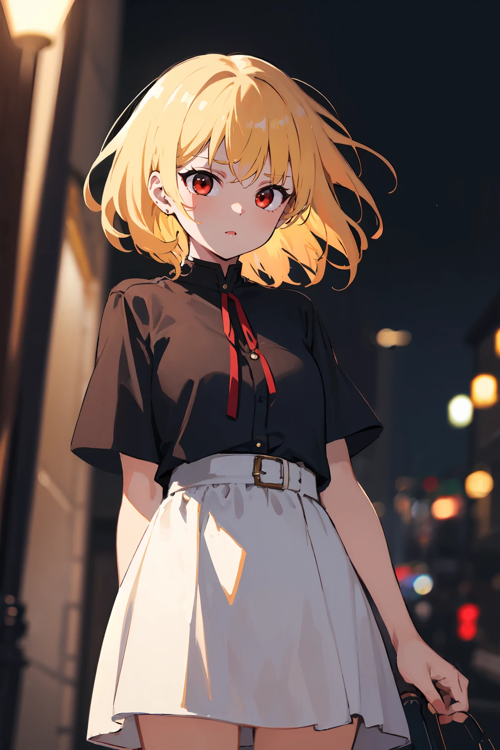 masterpiece,high quality,highres,1girl,solo,cowboy shot,tailwind,(red eyes , blonde hair),short hair ,,,dark background,blurry background ,<lora:wind-tailwind-v1-wasabiya:1>,