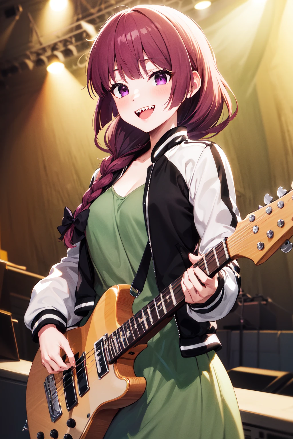 masterpiece, best quality, highres, aakikuri, long hair, single braid, hair bow, hair over shoulder, purple eyes, sharp teeth, medium breasts, green dress, letterman jacket, two-tone jacket, open jacket, long sleeves, <lora:hiroi_kikuri_v1:0.7>, holding instrument, guitar, stage, smile