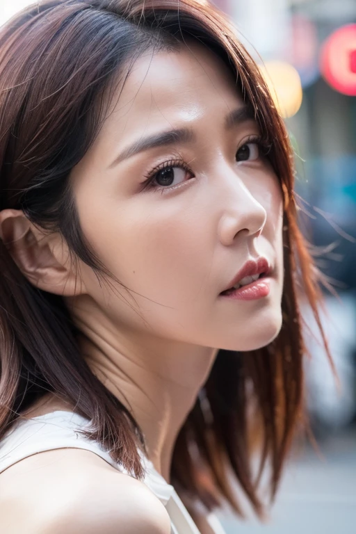 Best quality,masterpiece,ultra high res,(photorealistic:1.2),1girl,low key,slim body,undone hair,taipei street alley,dynamic pose,face closeup,medium breasts,<lora:ivy_shao:0.9>,