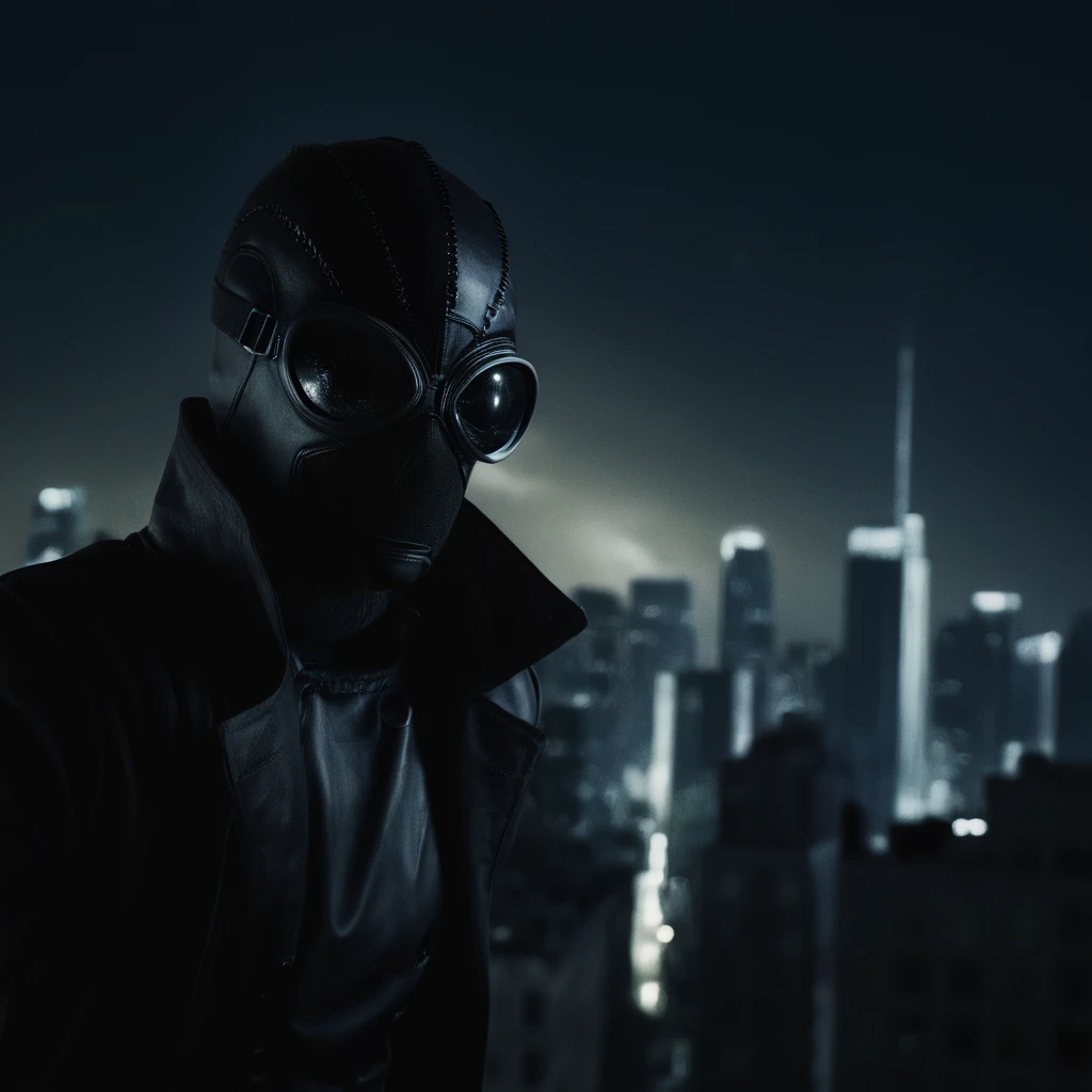 cinematic film still of  <lora:Spider-Man Noir:1>
Spider-Man Noir a man in a helmet is on a ledge above a city in Marvel Noir universe,solo,1boy,male focus,signature,mask,night,city,gas mask , dark theme, cinematic noir, dramatic Light, lens flare, shallow depth of field, vignette, highly detailed, high budget, bokeh, cinemascope, moody, epic, gorgeous, film grain, grainy