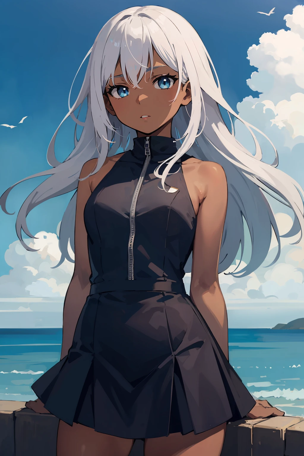 masterpiece,high quality,highres,1girl,solo,outdoors,<lora:wind-headwind-v1-wasabiya:1>,headwind,looking at viewer,long hair,dark skin,dark-skinned female,(blue eyes , grey hair ),arms behind back,floating hair,