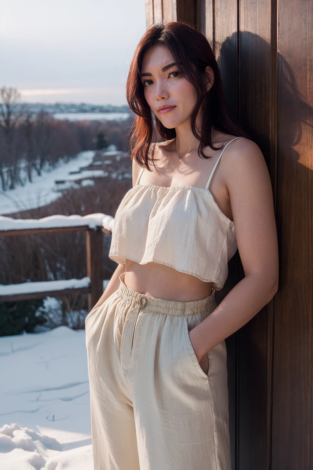 lbw,a woman wearing Simple camisole and linen pants, snowy landscape, (rim lighting:0.5) <lora:lbw:1>