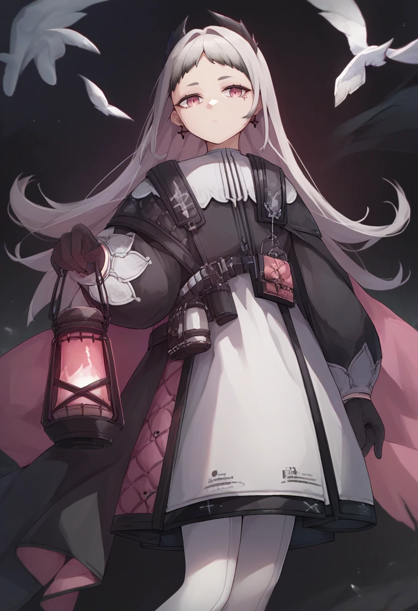 score_9, score_8_up, score_7_up, source_anime, solo, 1girl, irenedef, expressionless, looking at viewer, holding lantern, head wings, black jacket, long sleeves, black gloves, white skirt, white pantyhose, earrings <lora:arknights_irene_ponyXL:1>