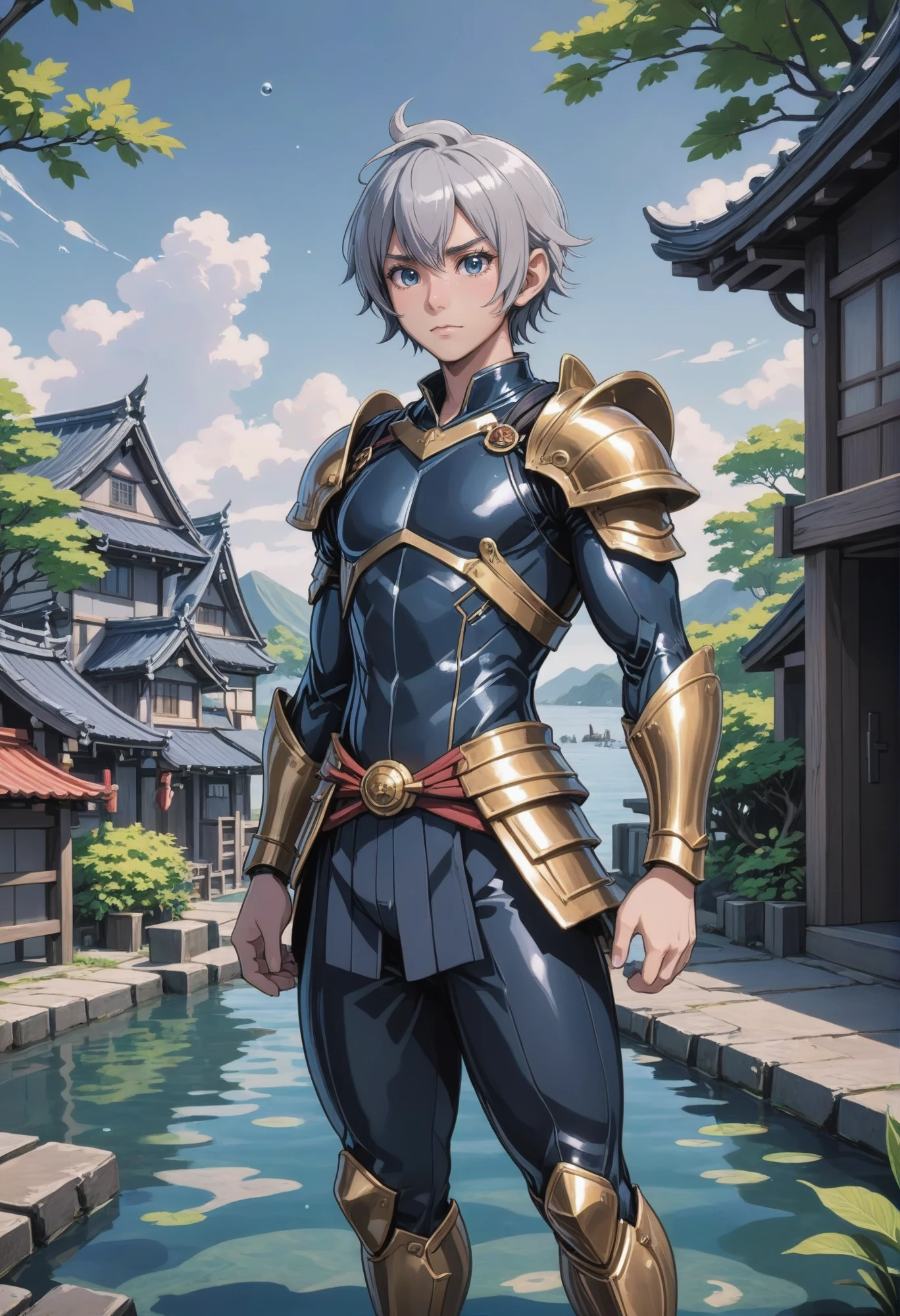 anime style, (full body:1.2), 1boy, man, bishounen, solo, [:fantastical costume design,:0.2] antipaladin, japanese, slategray hair, (average:1) build, underwater fantasy settlement at the beginning of the multiverse