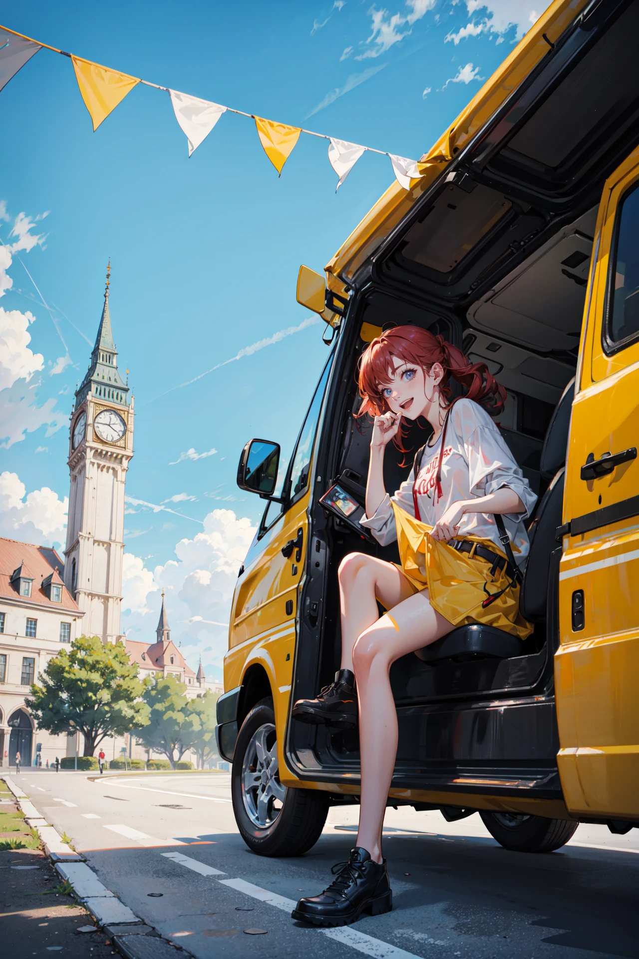 ((best quality, masterpiece, absurbres, super-resolution)) (Red and Yellow), friends having fun, Summer trip, travel van