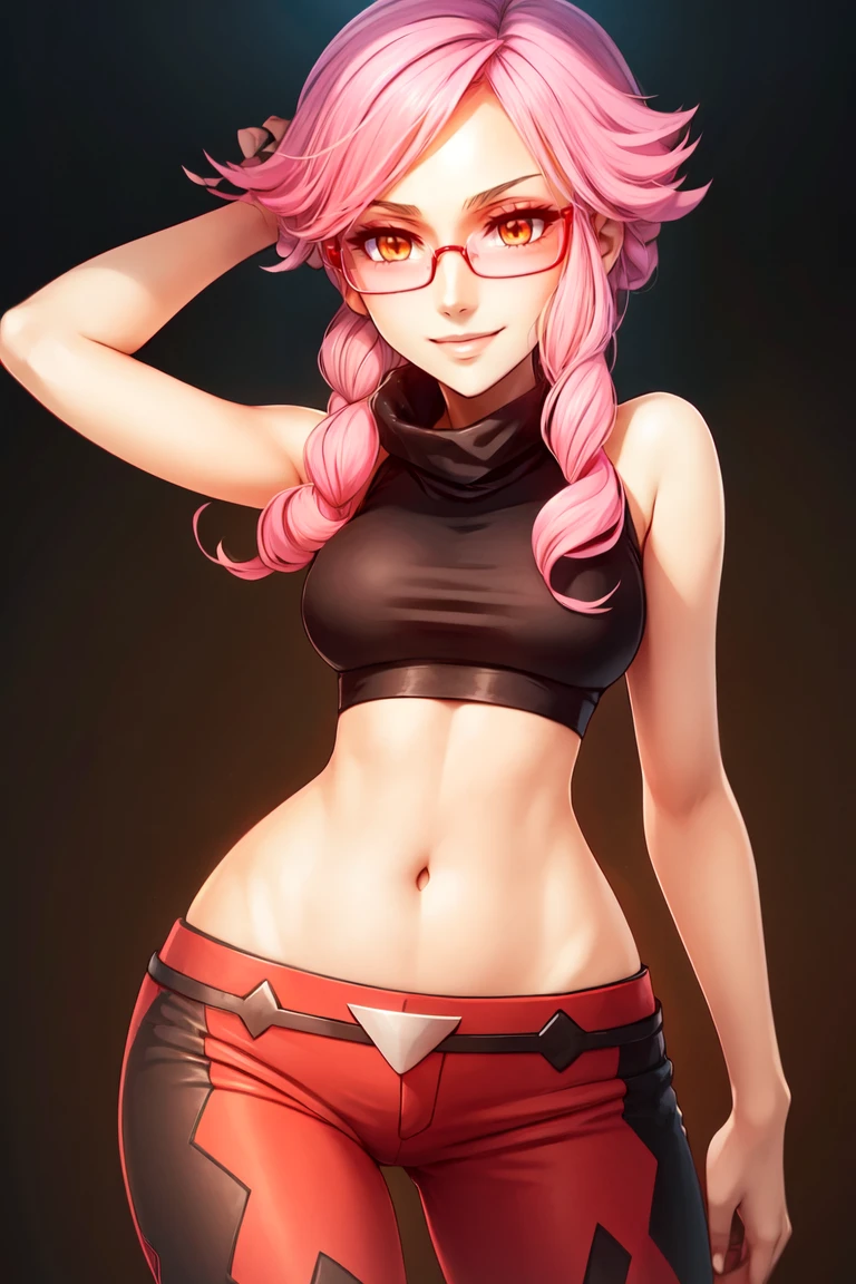 <lora:more_details:0.5>, ((masterpiece,best quality)), anime style, <lora:Malva_Pokemon_v2:0.8>, malva (pokemon),  1girl, solo, orange eyes, pink hair, long hair, twin braids, braid, sunglasses, tinted eyewear,  sleeveless shirt, black shirt, bare arms, midriff, red and black pants, smiling, looking at viewer, cowboy shot,, curvy,(refraction:1.1),