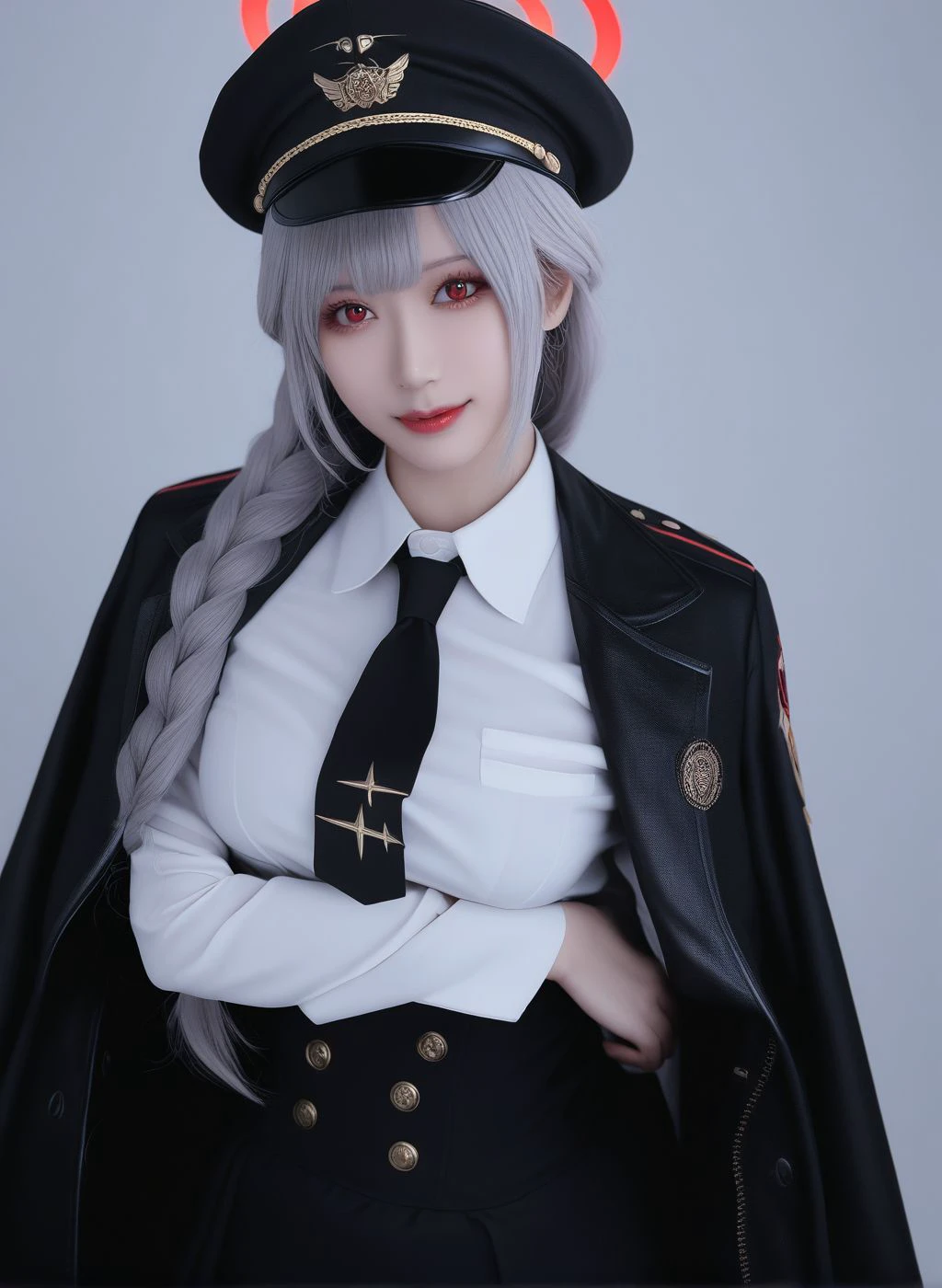 realistic,   <lyco:cosgine-xl-lokr-000007:1> cinematic lighting,
1girl, solo, hat, red eyes, looking at viewer, halo, skirt, shirt, braid, smile, long hair, necktie, jacket on shoulders, black skirt, white shirt, grey hair, black headwear, white background, jacket, high-waist skirt, long sleeves, black necktie, holding, wings, single braid, simple background, peaked cap, black jacket, bangs, breasts
