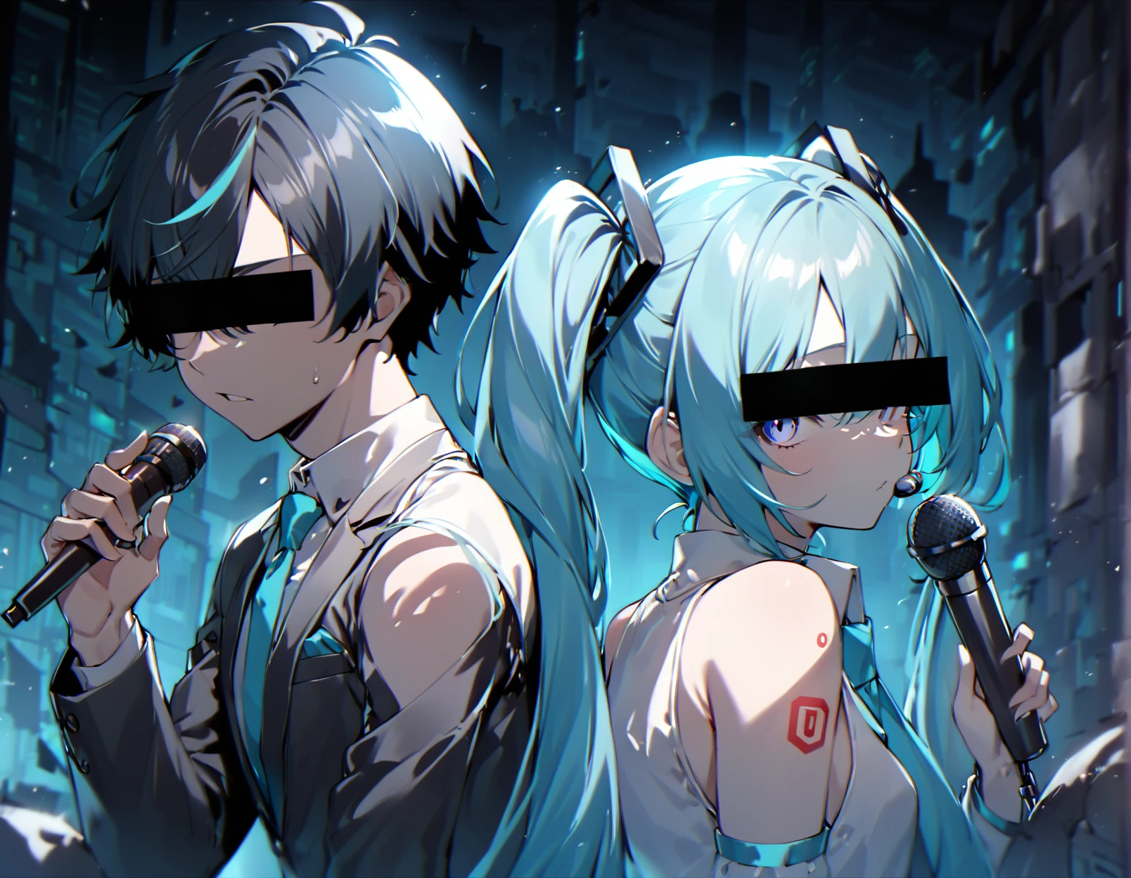 (identity censor:1.2), censored, a man and a woman standing next to each other, 
1boy, suit, tie, holding microphone, microphone, interview,
1girl, twintails, long hair, shoulder tattoo, aqua hair, detached sleeves, bar censor, shirt, sleeveless, sleeveless shirt, necktie, looking at viewer, upper body, bare shoulders, very long hair,
from side, upper body, seated,
(neon genesis evangelion:cyberpunk edgerunners:0.5) background,
dilapidated buildings, broken windows,
<lora:Anonymous_M:1>