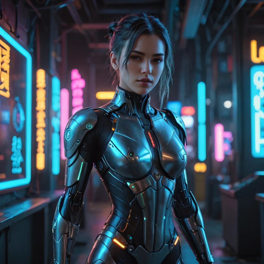 full body shot of cyberpunk cyborg woman, neon lighting
, detailed face, detailed background, cinematic atmosphere,(hyperdetailed photography:1.3), epic, awardwinning, masterpiece, beautiful detailed, sharp focus, 35nm dof, bokeh, raytracing, octane render, trending on artstation,