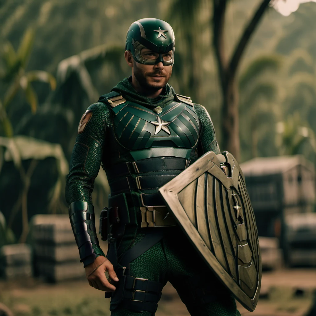 cinematic photo a man in a green superhero suit with shield, vietnam war background <lora:SoldierBoy1024:0.8> . 35mm photograph, film, bokeh, professional, 4k, highly detailed