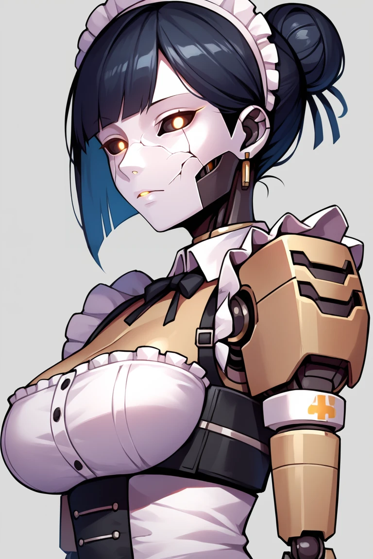 score_9, score_8_up, score_7_up, BREAK, 1girl, solo,  <lora:ashtf-guy-PONYv1:.9>, ashtf, android, black sclera, robot, humanoid robot, cracked skin, glowing, maid, maid headdress, earrings, jewelry, black hair, breasts, apron, looking at viewer, maid apron, short hair, single hair bun, hair bun, frills, grey background, upper body, hair behind ear, large breasts, bangs, mechanical hair,