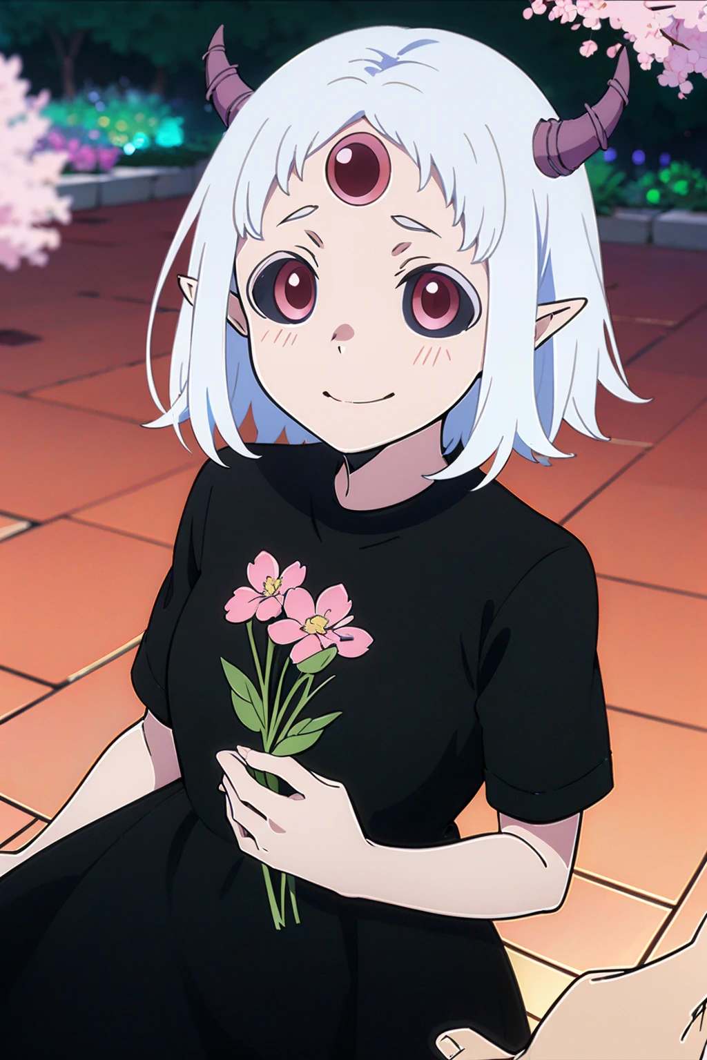 (2d:1.2), wide shot, (dynamic angle:1.1), outline, ((thick lineart)), cover, stylish, official art, (details:1.2), (fantasy), garden, (bloom:1.1), glow:0.2, shadow, nature, cherry blossoms, particles, (depth of field), sharp focus, (volumetric lighting), (bokeh:0.6), film grain:0.4, (soft lighting:1.1), mmaom, short hair, white hair, horns, pointy ears, red eyes, extra eyes, colored sclera, third eye, dress, shirt, black shirt, looking at viewer, <lora:Himesama_Goumon_MaoMao_00_01:01.0>
