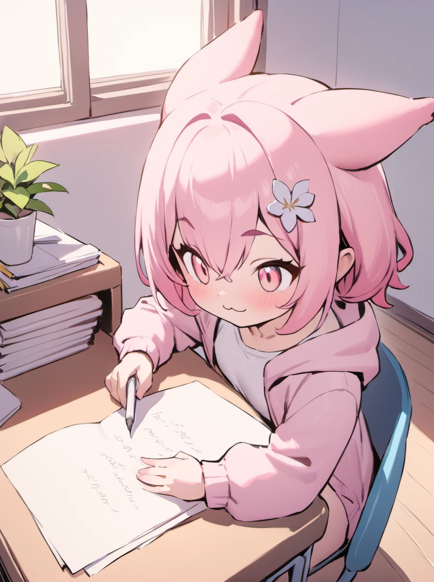 masterpiece,best quality,
a palworld-flopie Writing with big ears ,flower,jacket,:3,shirt,pink hair,Sitting at a desk writing
<lora:palworld_flopie_xl_lora_v4-000098:1>,,