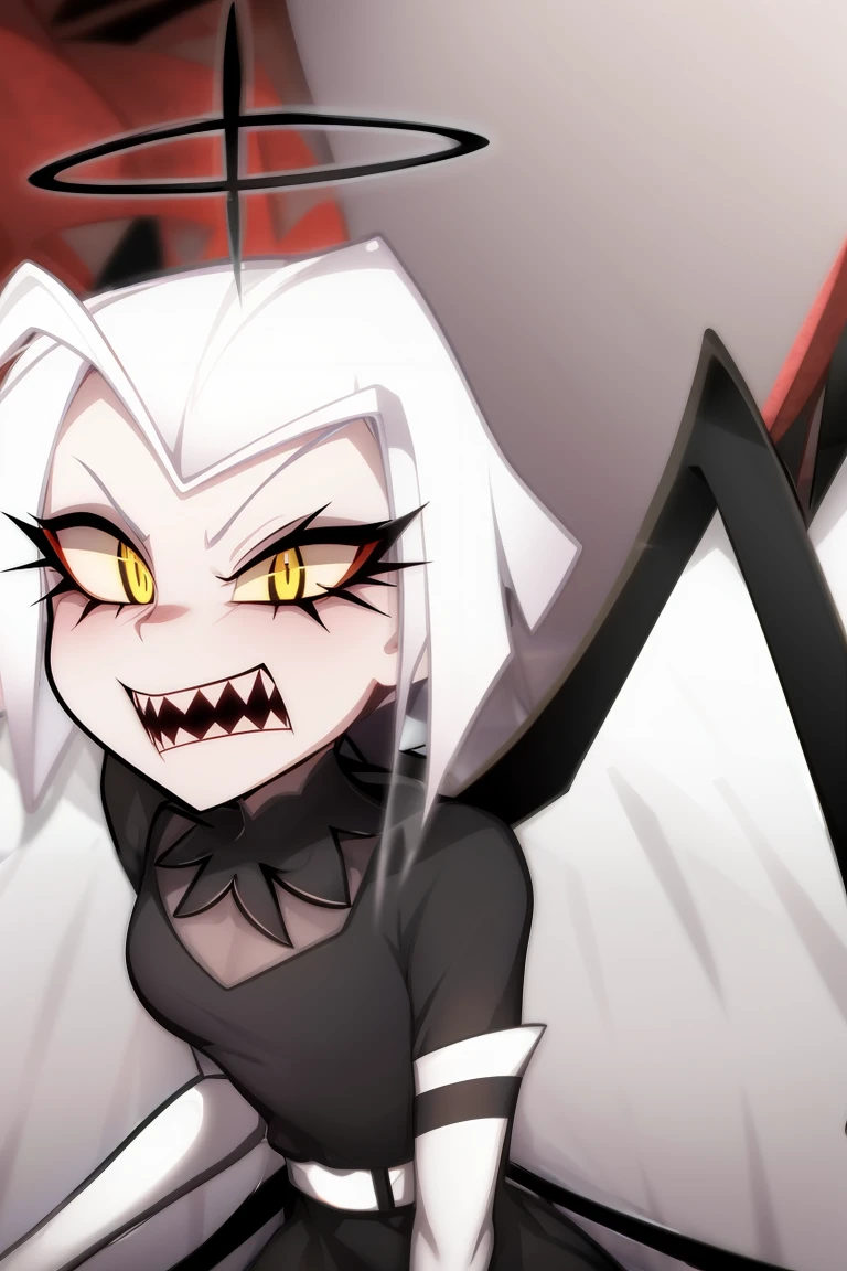 cartoon style, at hell, hellfire, hazbin hotel, hazbinlute, unmasked, pale gray skin, angel, angel wings, white angel wings, black wings border, white hair, short hair, yellow eyes,  halo, black halo, black aura, black aureola, black clothes, belt, elbow gloves, <lora:Lute__Hazbin_Hotel:1>, looking at viewer, <lora:add_detail:0.3>