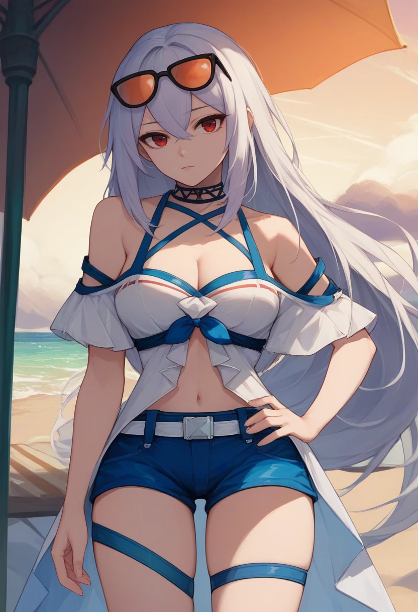 score_9, score_8_up, score_7_up, source_anime, solo, 1girl, skadiwave, expressionless, looking at viewer, hand on hip, sunglasses, eyewear on head, white shirt, off shoulder, short sleeves, blue shorts, thigh strap, choker, white belt, bare shoulders, navel, cleavage, beach <lora:arknights_skadi_ponyXL:1>