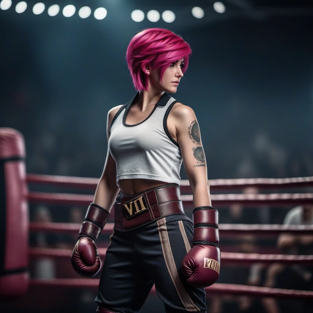 cinematic photo a woman, full body, pink hair, white tanktop, boxing glove, boxing ring, crowed stadium, steampunk background, (((text ''VI''))) <lora:Vi1024-V2:0.6> . 35mm photograph, film, bokeh, professional, 4k, highly detailed