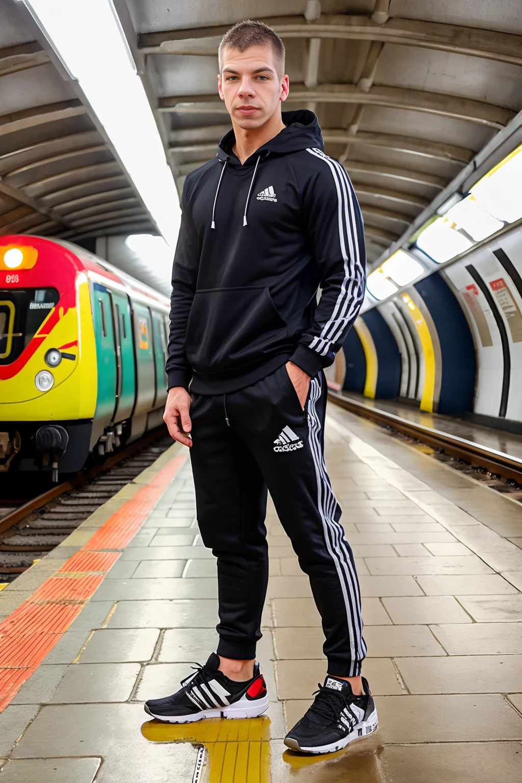 London subway station, waiting for train, standing, smirking, cocky, PaulWalker is a chav, ChavAlpha, wearing Adidas hoodie, track pants, white socks, Adidas sneakers, (((full body portrait))), wide angle  <lora:PaulWalker:0.8>   <lora:ChavAlpha:0.35>