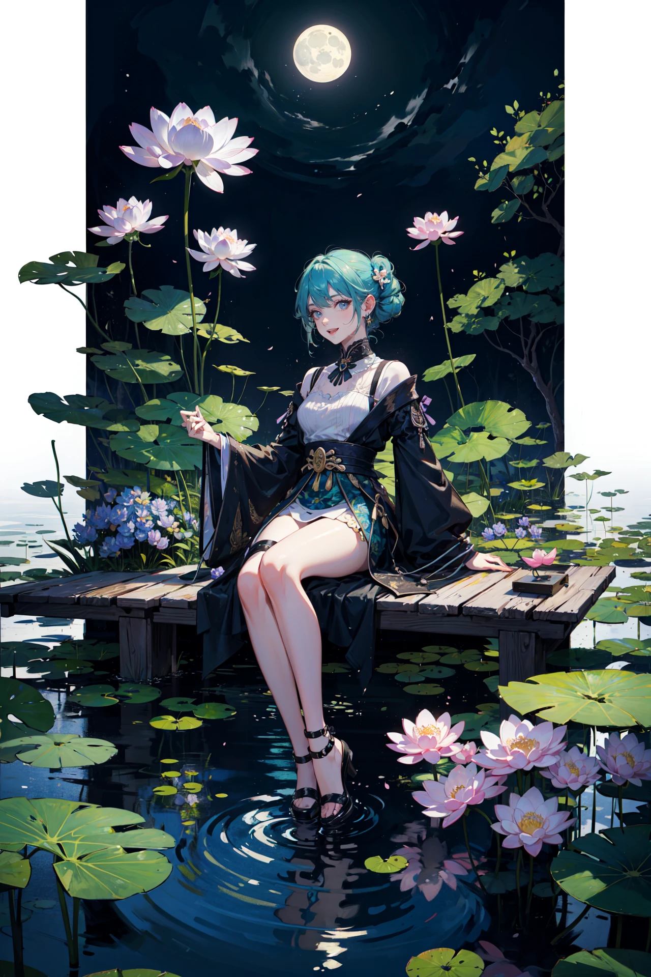 ((best quality, masterpiece, absurbres, super-resolution)) The moonlight over the lotus pond, Green and Blue, Lotus flowers on full bloom, Traditional