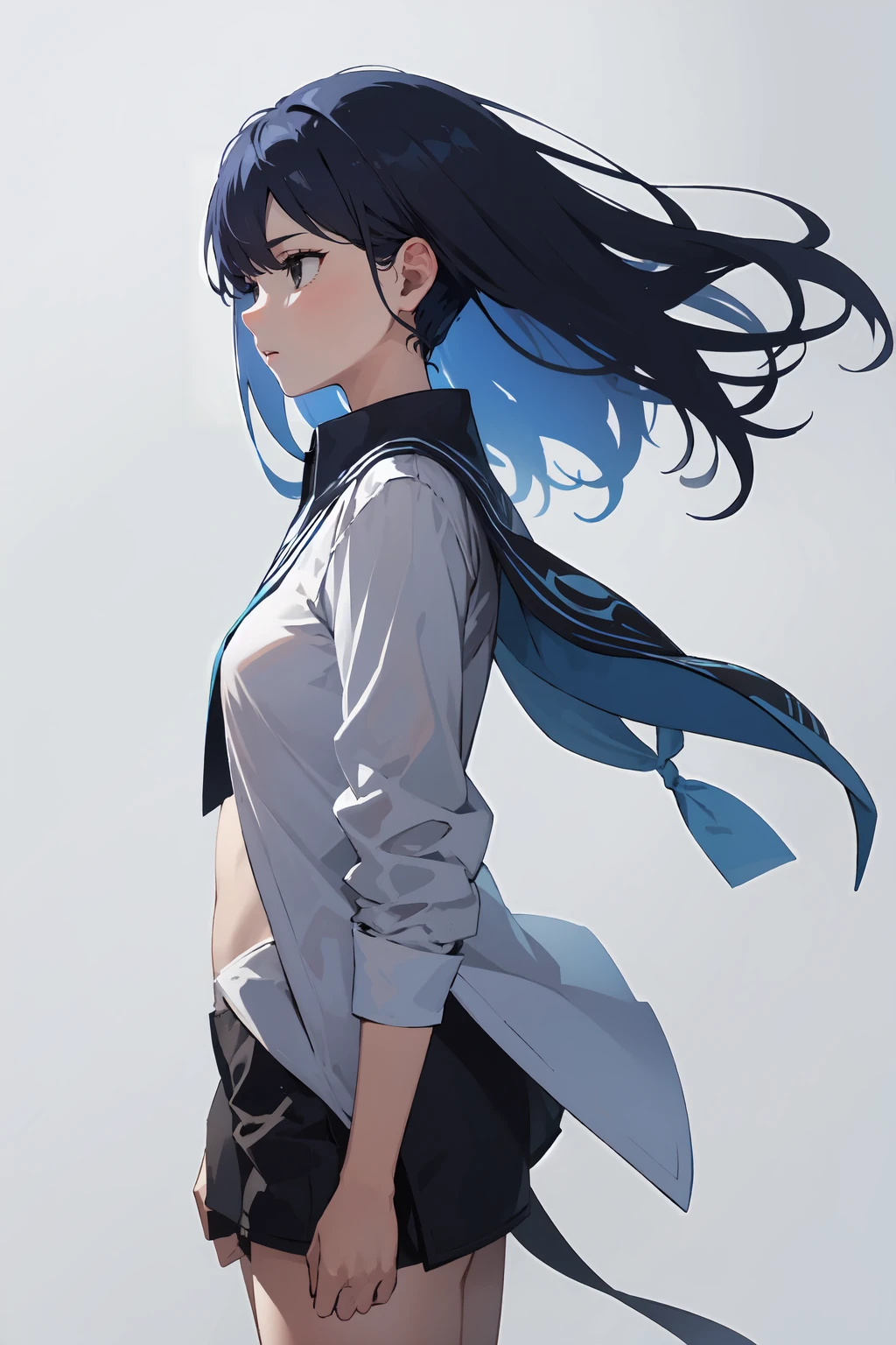 masterpiece,high quality,highres,1girl,solo,cowboy shot,sidewind,(black eyes , blue hair ),medium hair ,from side ,simple background ,<lora:wind-rightside-v1-wasabiya:1>,,