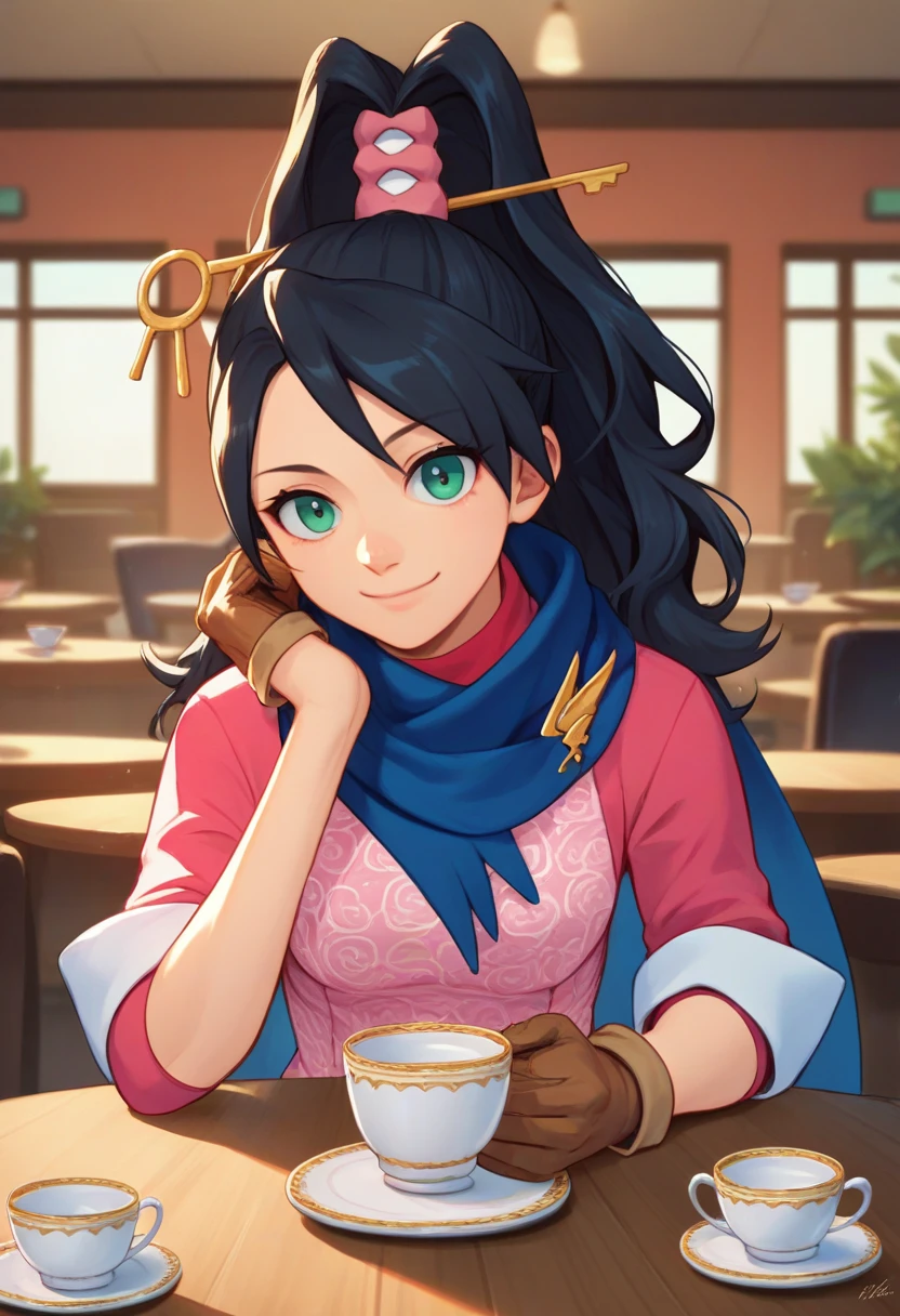 score_9, score_8_up, score_7_up, source_anime, upper body, solo, 1girl, kay faraday, smile, looking at viewer, hands on table, black hair, ponytail, hair ornament, pink shirt, brown gloves, blue scarf, indoors, restaurant, teacup <lora:aai_kayfaraday_ponyXL:1>