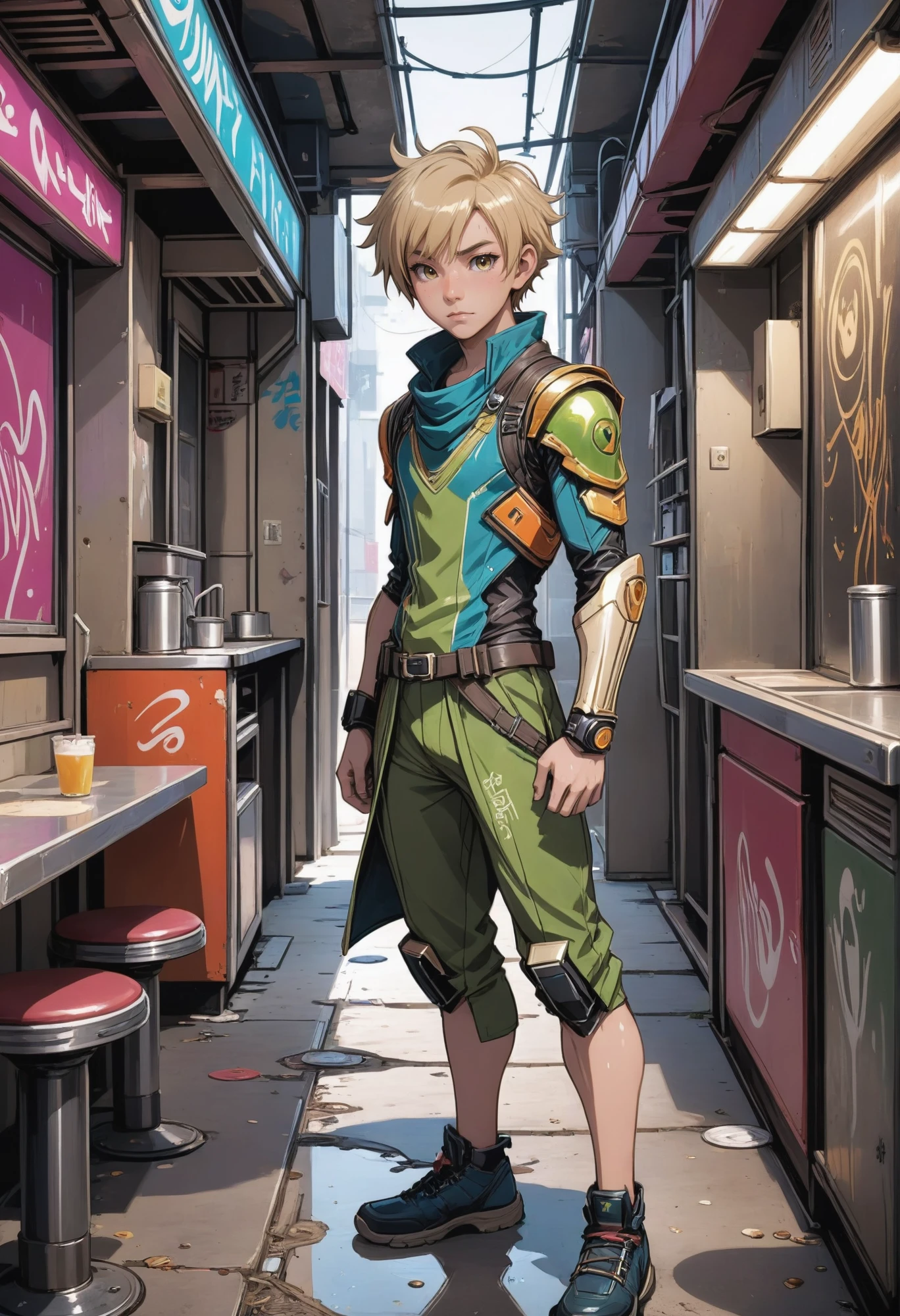 (full body:1.2), 1boy, man, solo, [:creative costume design,:0.2] summoner, (asian:1.3), vivid khaki hair, (slim:1) build, Graffiti-covered alleyway in a diner in a dilapidated,pristine scifi arcology