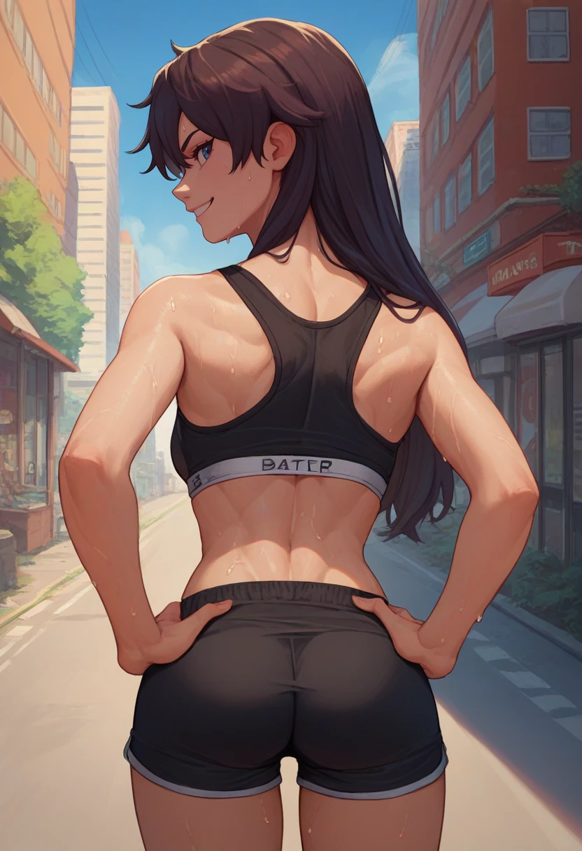 score_9, score_8_up, score_7_up, source_anime, from behind, solo, 1girl, bambietta basterbine, sweat, smile, looking back, hands on hips, long hair, black sports bra, black shorts, outdoors, city street <lora:bleach_basterbine_ponyXL:1>
