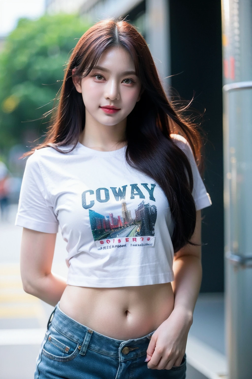 Best quality, masterpiece, ultra high res, (photorealistic), raw photo,1girl, skinny, cowboy shot,solo, realistic, looking at viewer, long hair, bokeh background, city streets,brown eyes, tshirt, navel, jeans, <lora:makina69_isa_v1.0:1>