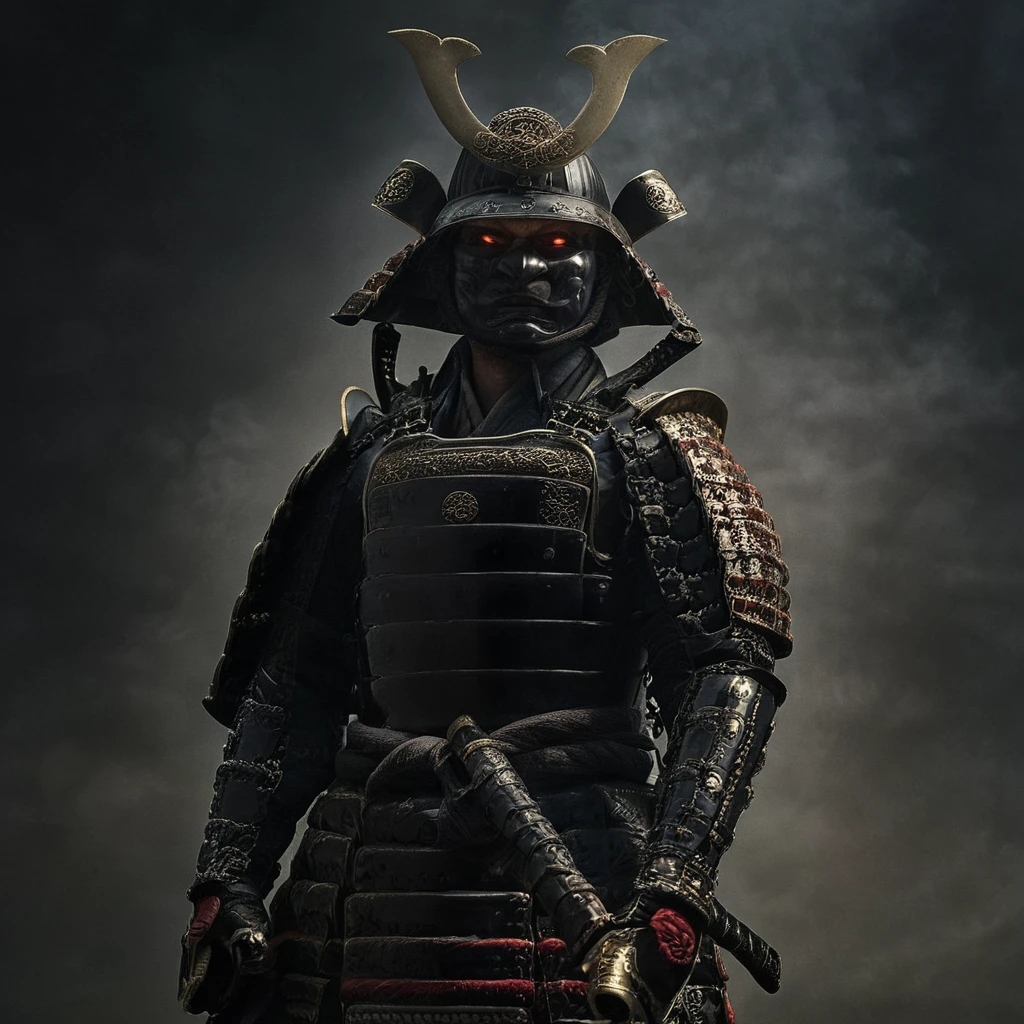 cinematic film still of  <lora:shogun style:1>
Shogun Yoshimitsu a man in armor with a sword and a helmet,solo,red eyes,1boy,standing,weapon,male focus,horns,sword,armor,katana,helmet,black background,shoulder armor,gauntlets,sheath,clenched hand,clenched hands,sheathed,japanese armor,scabbard,faulds,samurai , Japanese culture, Samurai, armor, warrior, horror theme, Shogun style, shallow depth of field, vignette, highly detailed, high budget, bokeh, cinemascope, moody, epic, gorgeous, film grain, grainy