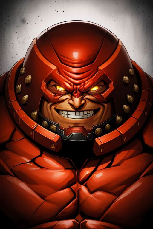 closeup portrait of XMenJuggernaut, brown helmet, evil smile, dark mood, evil theme