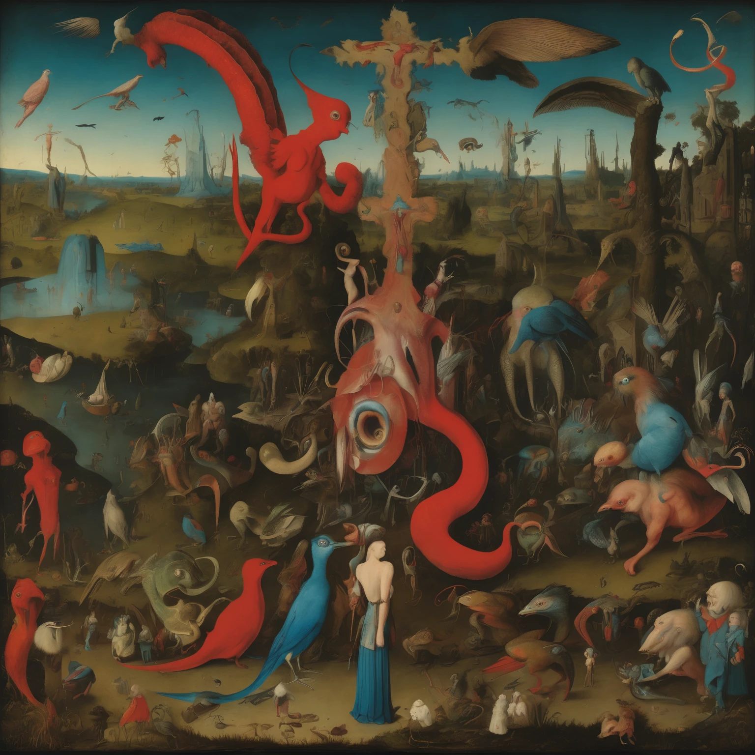 a dark, surreal landscape with various fantastical creatures and human figures, including large red-hued creature with a human head, wearing a red hat, a woman with a serpentine body stands beside a man with a blue bird-like head, a creature resembling a cross between a human and a reptile, holding a trumpet, the background is filled with more figures bosch