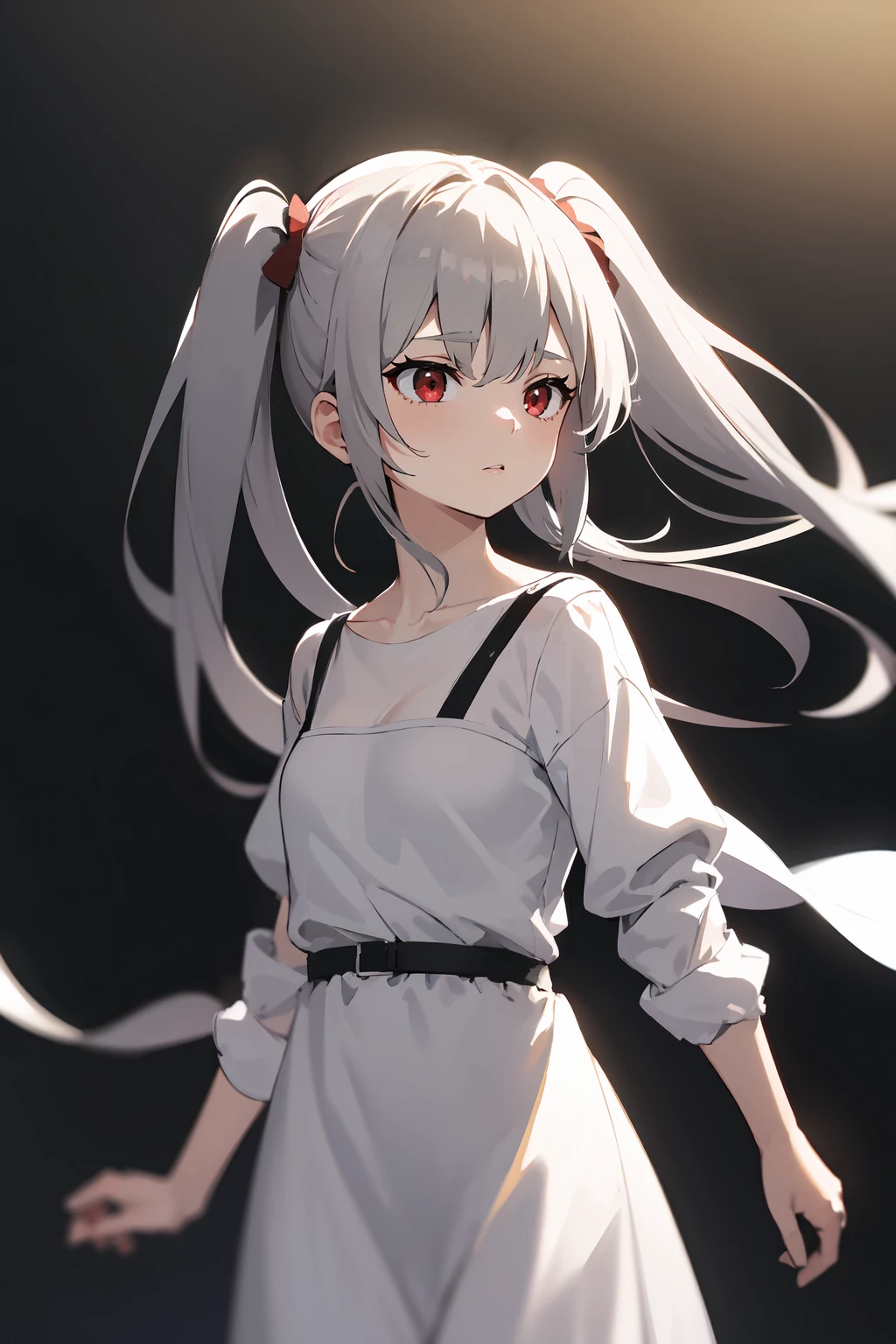 masterpiece,high quality,highres,1girl,solo,cowboy shot,sidewind,(red eyes , grey hair ),long hair,,,dark background,blurry background ,<lora:wind-rightside-v1-wasabiya:1>,,twintails,