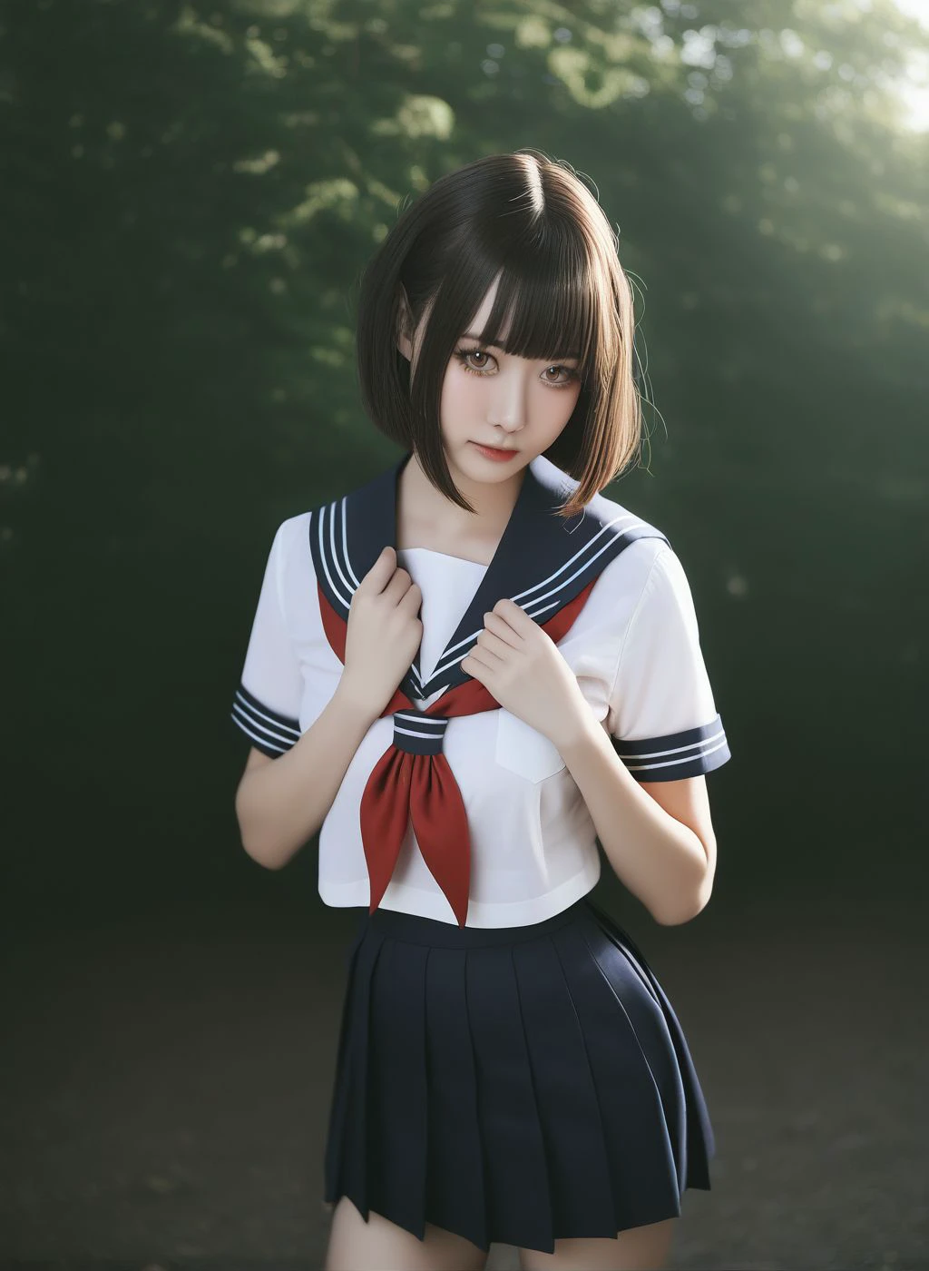 realistic, <lyco:cosgine-xl-lokr-000007:1> cinematic lighting,
1girl, solo, school uniform, short hair, serafuku, bag, brown eyes, skirt, outdoors, bangs, short sleeves, blunt bangs, neckerchief, blush, brown hair, bob cut, red neckerchief, pleated skirt, shirt, day, white shirt, black hair, closed mouth, playing with own hair, black skirt, sailor collar