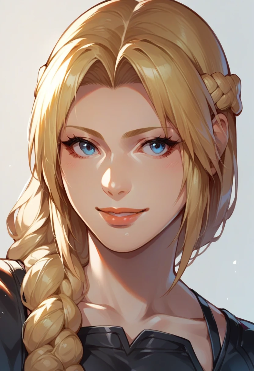 source_anime,score_9, score_8_up,, masterpiece,1girl,(mature female:1.2), blonde hair,blue eyes, parted bangs,helena \(doa\), single braid, <lora:Helena_DeadorAlive:1>,smile,portrait, black dress