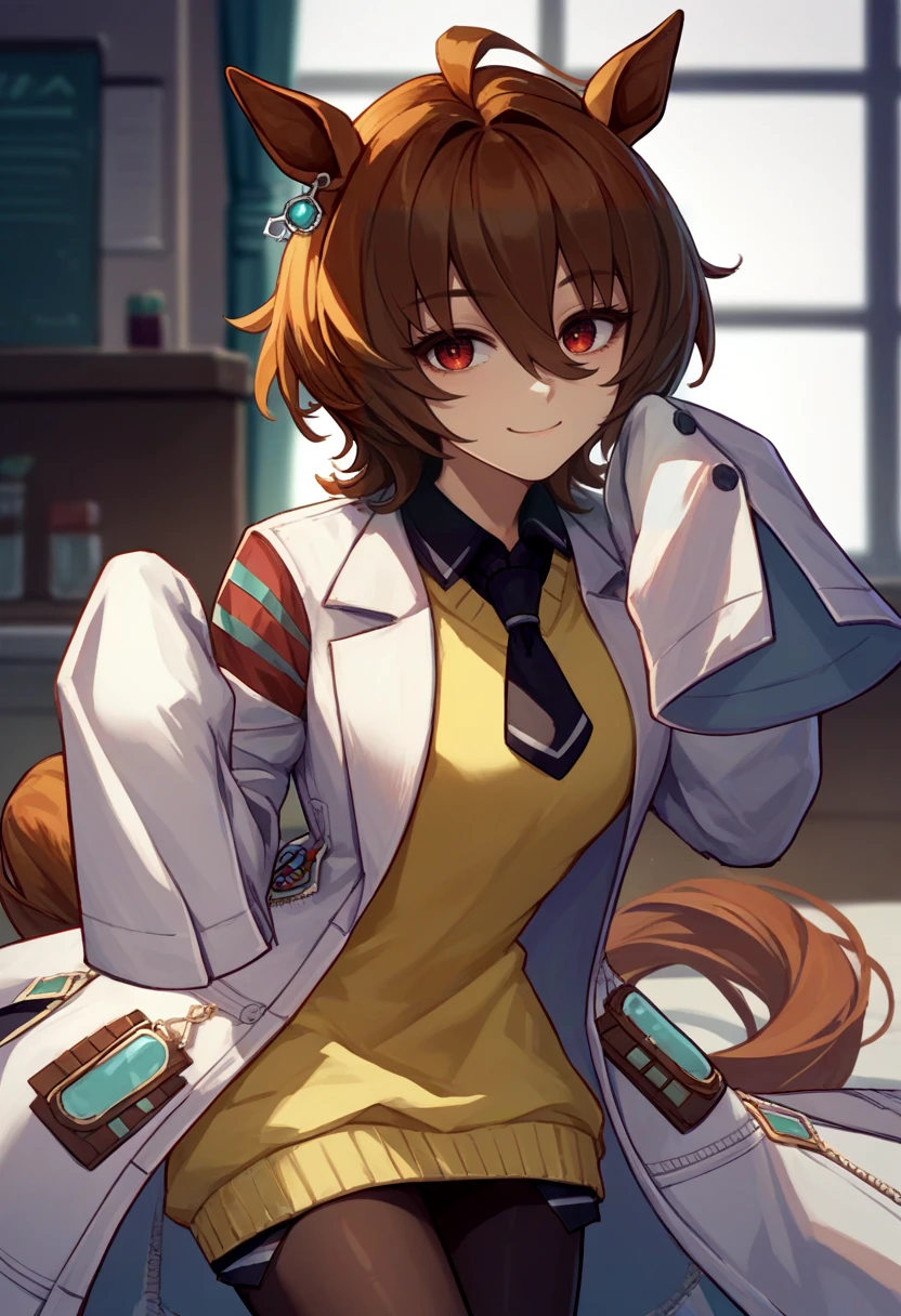 score_9, score_8_up, score_7_up, source_anime, solo, 1girl, agnes tachyon, smile, looking at viewer, horse ears, labcoat, sleeves past fingers, yellow sweater, black necktie, pantyhose, single earring, horse tail <lora:umamusume_agnestachyon_ponyXL:1>