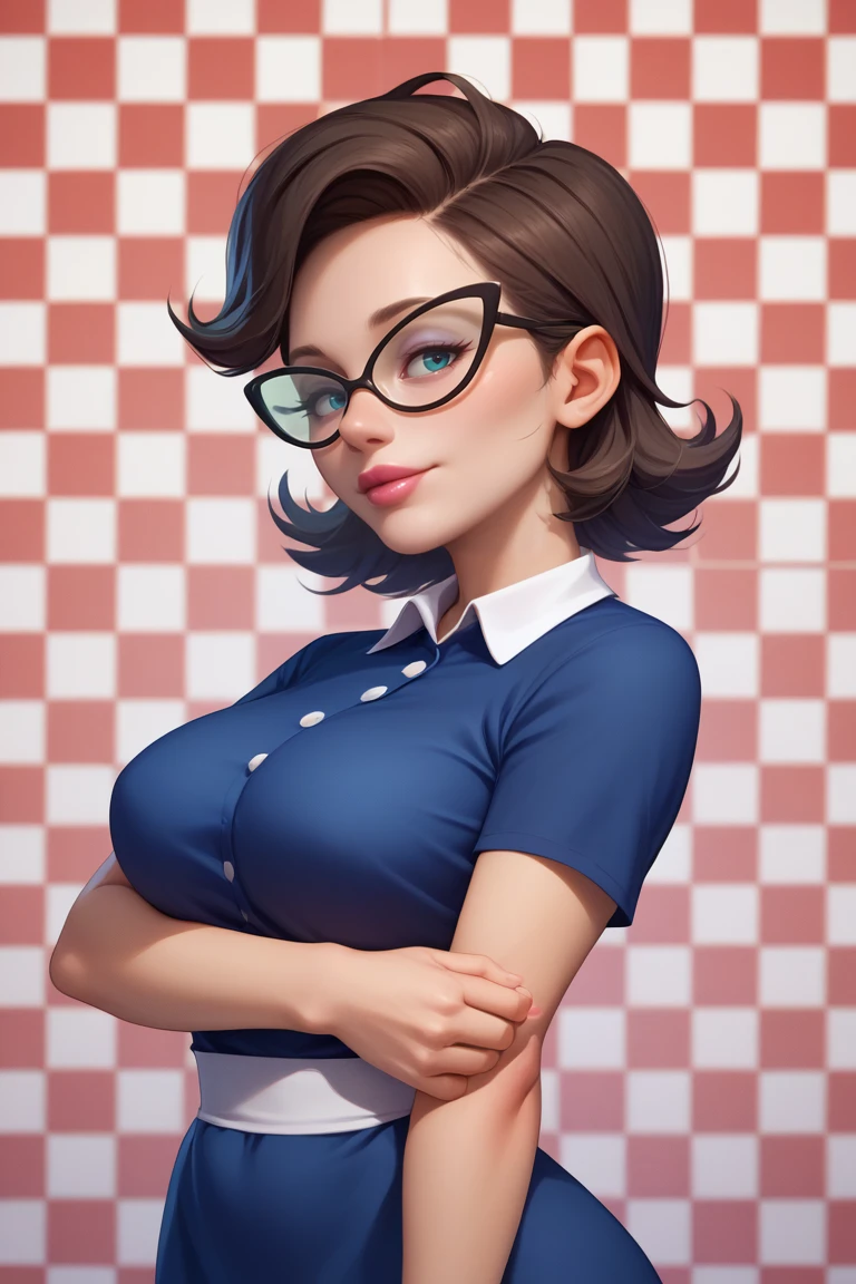 score_9, score_8_up, score_7_up, BREAK, 1girl, solo, mature female, breasts, <lora:eleanorbutterbean-guy-PONYv1:1>, eleanorbutterbean, blue dress, lipstick, short sleeves, glasses, portrait, checkered background,