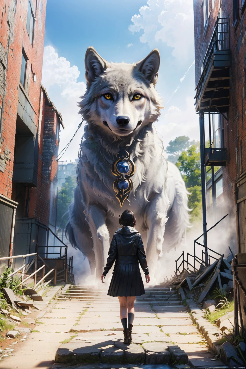 CONCEPT_Oversized_Animal_ownwaifu, gray_wolf, 1girl, outdoors, cloud, standing, sky, from behind, day, oversized animal, ((masterpiece)),((best quality)),(highres), bokeh, depth_of_field, sunlight, scenery, ruins, waterfall, looking at viewer, solo,
