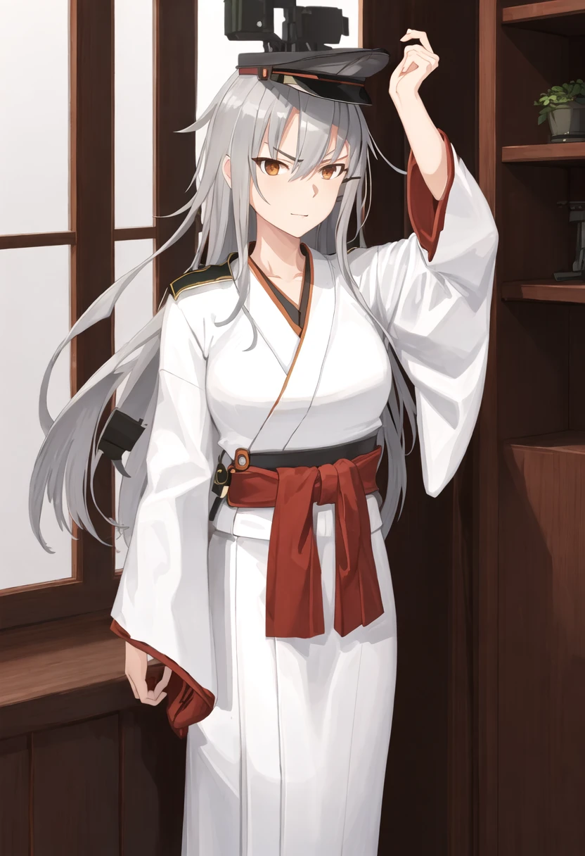 best quality, masterpiece, highres, solo, {gangut_kantaicollection:0.90}, {white kimono:1.35}, {red hakama:1.35}, {wide sleeves:1.20}