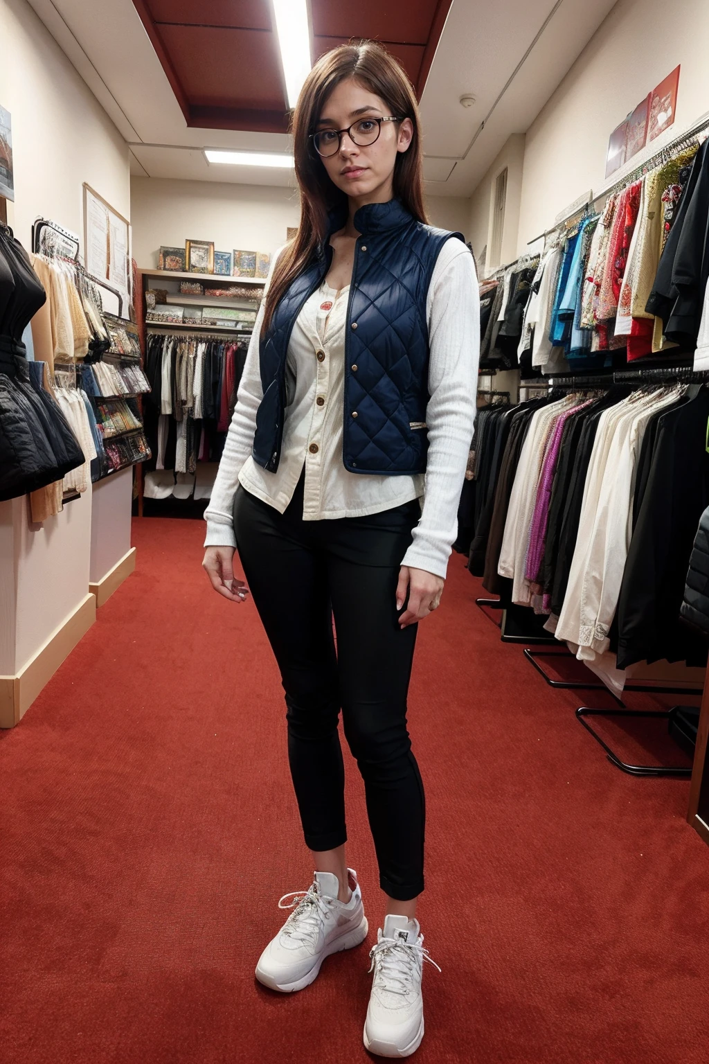 <lora:nerd:1>nerd,a woman wearing quilted vest and skinny trousers, , indoors, anime store, arab ,(overcast lighting:0.5)