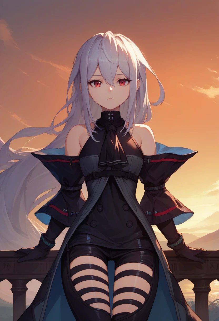 score_9, score_8_up, score_7_up, source_anime, solo, 1girl, skadielite, expressionless, looking at viewer, standing, black shirt, black ascot, detached sleeves, gloves, black pants, thigh cutout, bare shoulders, sunset, outdoors <lora:arknights_skadielite_ponyXL:1>