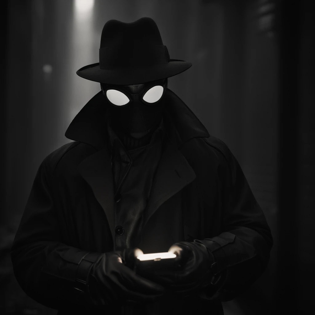 cinematic film still of  <lora:Spider-Man Noir:1>
Spider-Man Noir a man in a hat and trench coat holding a cell phone in Marvel Noir universe,solo,looking at viewer,simple background,shirt,gloves,long sleeves,1boy,hat,jacket,upper body,male focus,black gloves,coat,black shirt,black headwear,mask,black background,black coat,fedora,trench coat , dark theme, cinematic noir, dramatic Light, big white goggles, shallow depth of field, vignette, highly detailed, high budget, bokeh, cinemascope, moody, epic, gorgeous, film grain, grainy