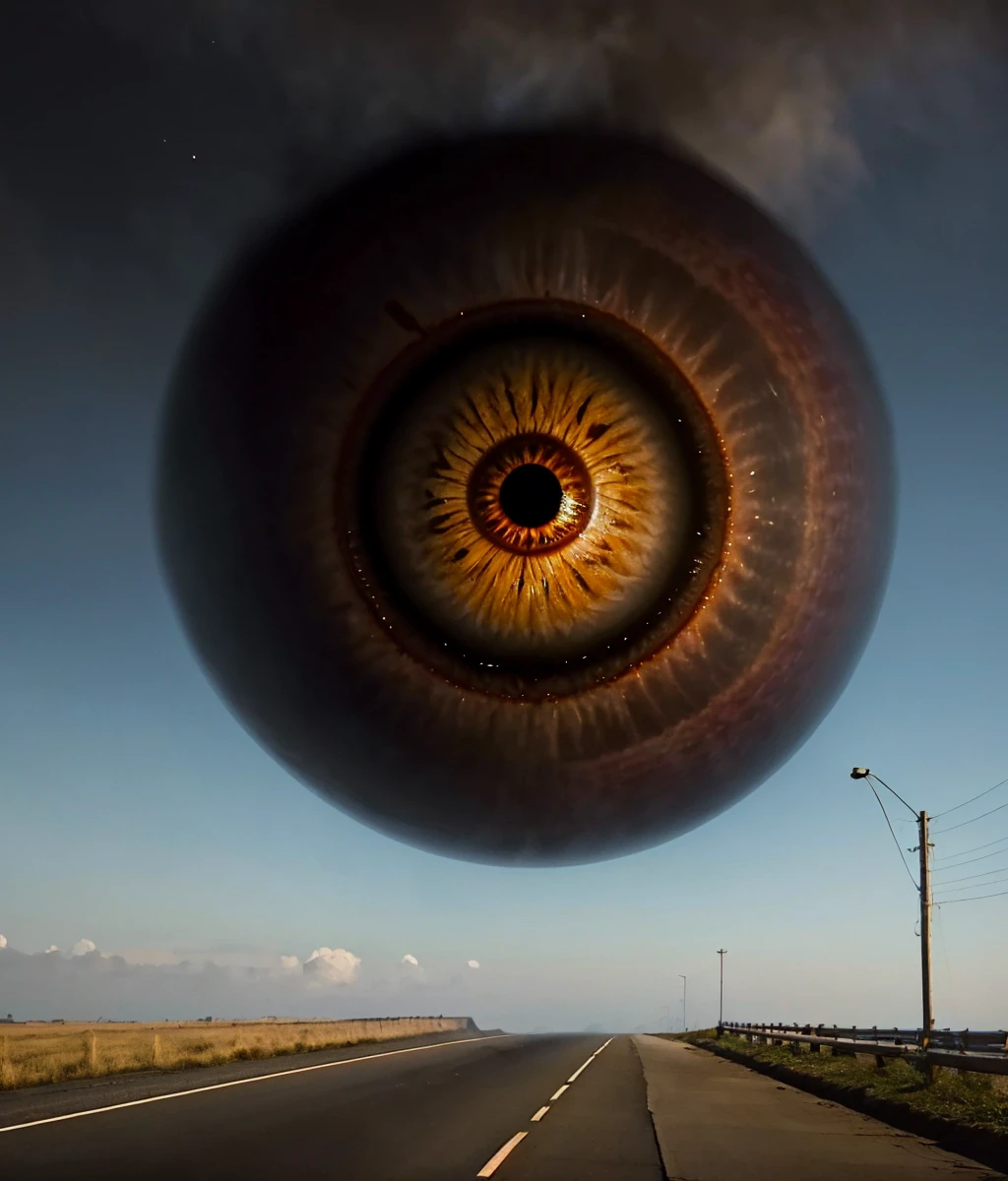 eyeball,giant planet,gigantamax,(in the sky:1.2),from below,outdoors,road,da qiao,atmosphere,cloud,haze,horror \(theme\),close-up,Trevor Henderson,<lora:Horror_Trevor_Henderson_v1.0:0.7>,