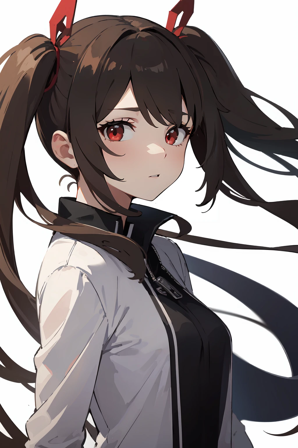 masterpiece,high quality,highres,1girl,solo,cowboy shot,sidewind,(red eyes , brown hair ),long hair,from side ,white background ,<lora:wind-rightside-v1-wasabiya:1>,,twintails,