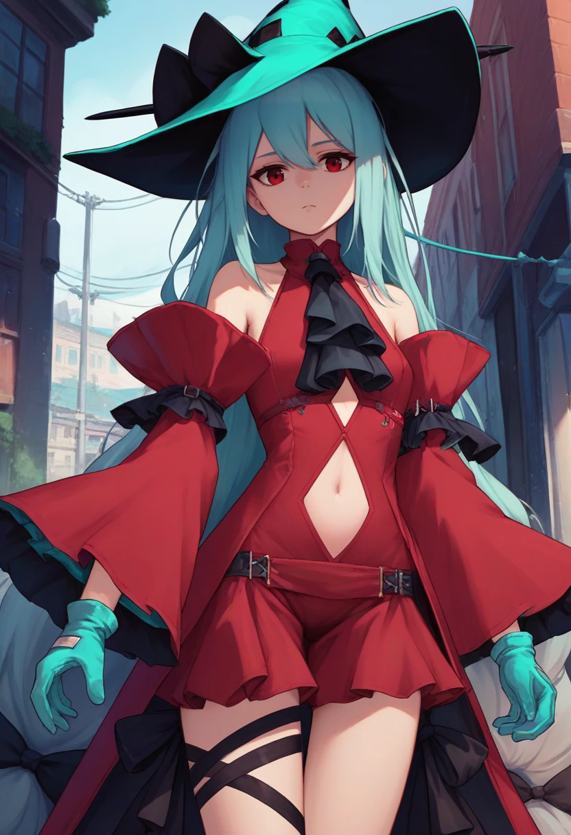 score_9, score_8_up, score_7_up, source_anime, solo, 1girl, skadicorrupt, expressionless, looking at viewer, standing, aqua headwear, red dress, navel cutout, black ascot, wide sleeves, detached sleeves, aqua gloves, leg ribbon, bare shoulders, outdoors <lora:arknights_skadi_ponyXL:1>