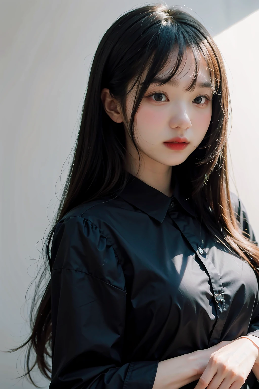 1girl, black formal shirt,white background, <lora:GumporV1-02:1.2>