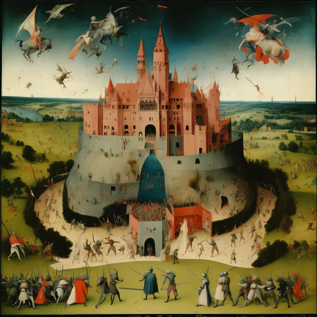 a massive sword fight in front of a big castle, bosch