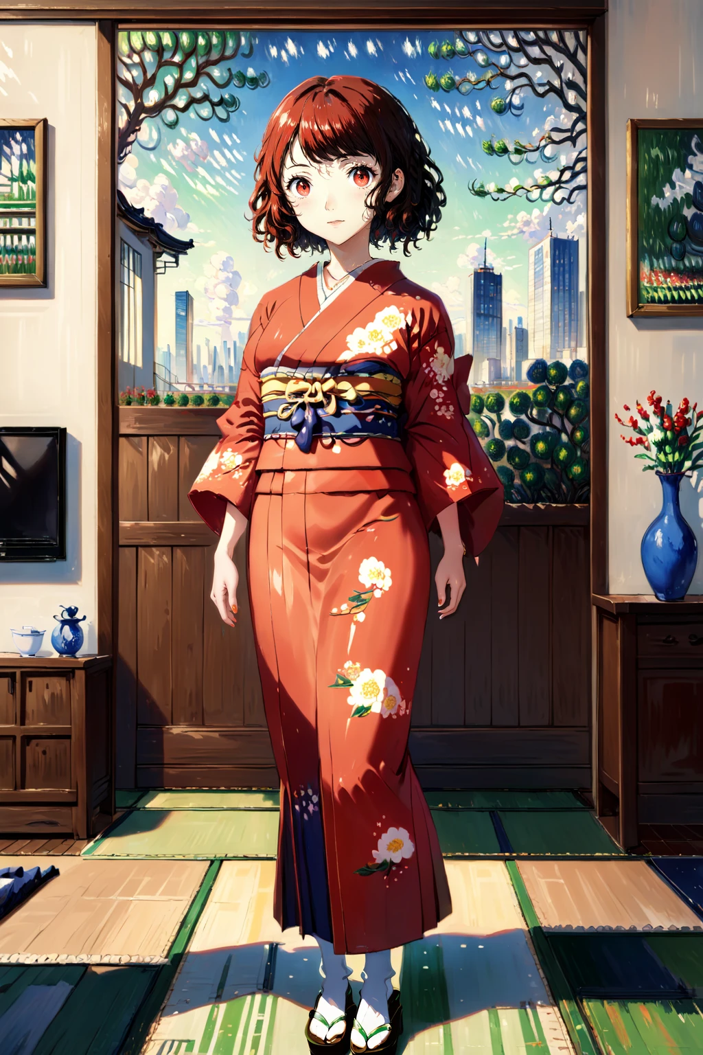 (HDR, raytracing, 8k:1.4)
BREAK art by Monet, short messy hair, Kawakami Sadayo standing in a living room, wearing a red kimono, cityscape, realistic <lora:Double_double:1>